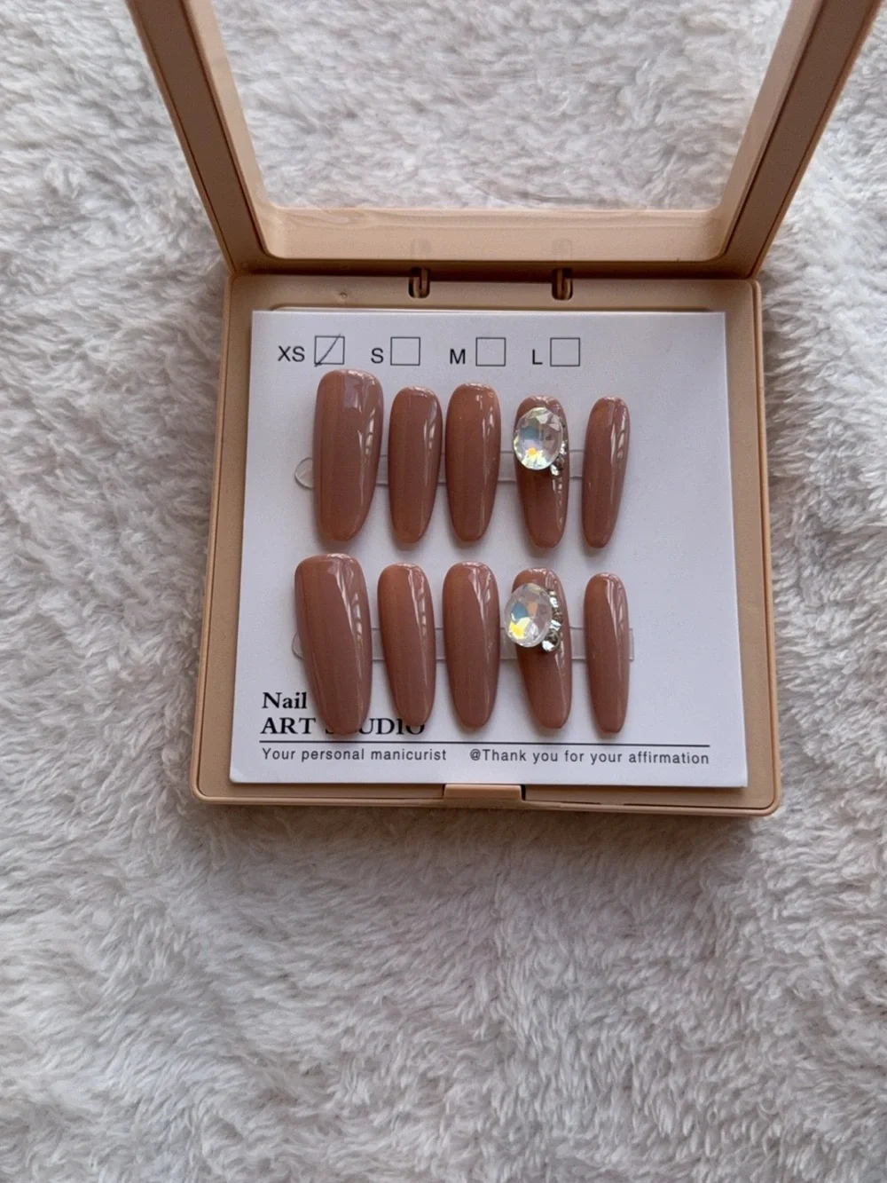 Neutral Nude Press-On Nail Set with Rhinestone Accent - 10 nails - Size XS